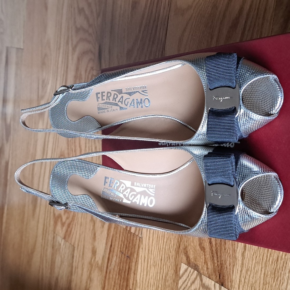 SALE-Ferragamo open back peep toe heels with mini hidden platform.